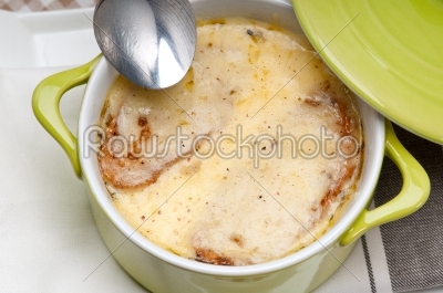 stock photo: oinion soup with melted cheese and bread on top-Raw Stock Photo ID: 59465