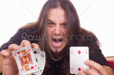angry man shows his cards