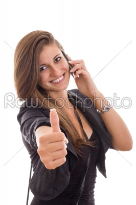 attractive business woman with phone and thumbs up gesture