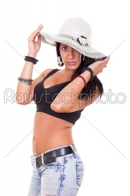 beautiful modern woman wearing summer hat 