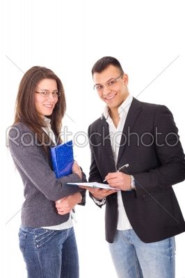 business man and women with notes