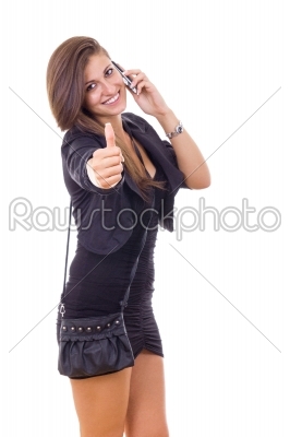 businesswoman with mobile showing thumbs up