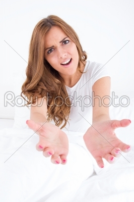 casual woman asking for help with hands in front of camera