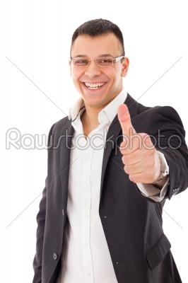 confident businessman with glasses showing thumbs up