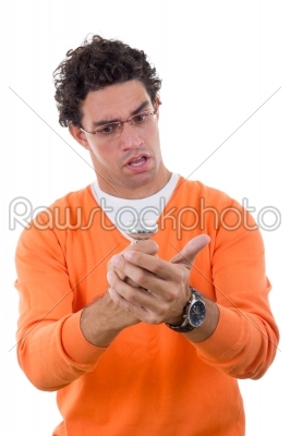 confused man with glasses holding light bulb