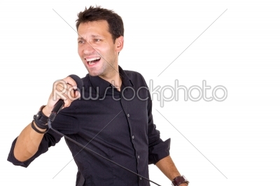 emotional male singer with microphone