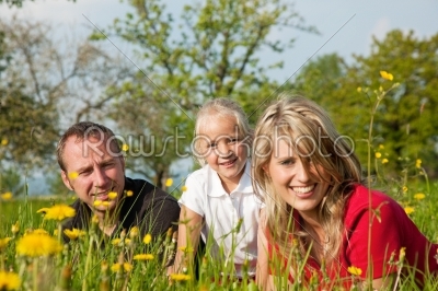 Family on meadow in spring