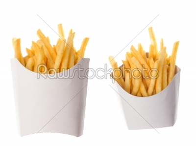 french fries in a paper wrapper on white background