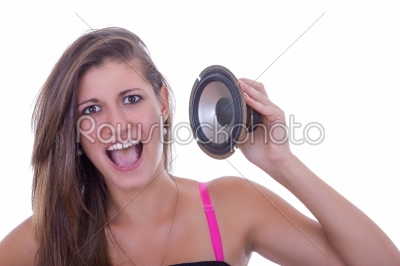 girl holding speaker