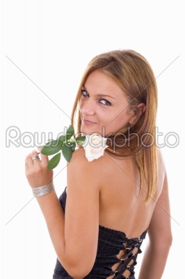 girl with turn back holding a rose