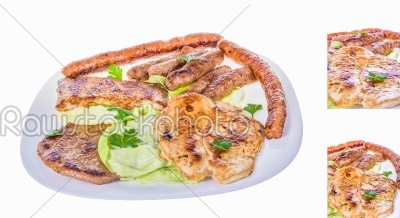 grilled barbecue mixed meat on plate with steak and sausages