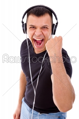 hadsome man with headphones showing success