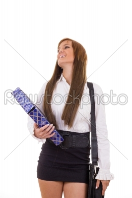 happy business woman in skirt and shirt caring briefcase for tra