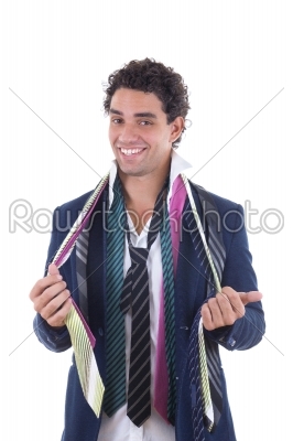happy man with lot of ties around his neck