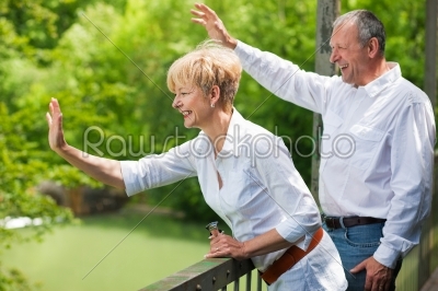 Happy senior couple on bridge waving hands