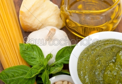 Italian traditional basil pesto pasta ingredients