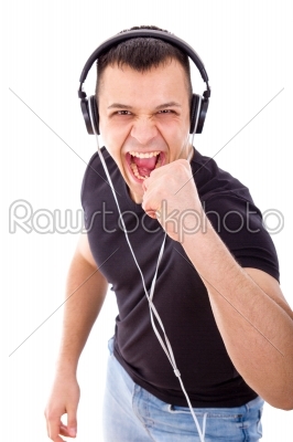 joyful man listening to music with headphones