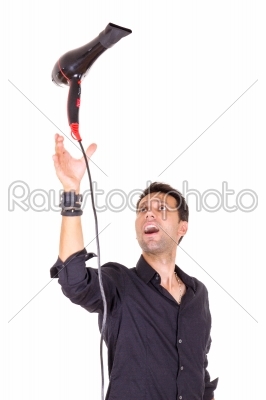male barber catching hair dryer