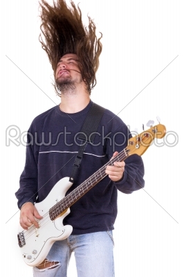 male musician playing bass guitar with hair up