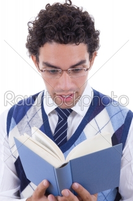 man carefully reads the book
