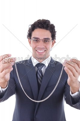 man gives a silver necklace as a gift
