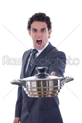 man holding pot for cooking with expression