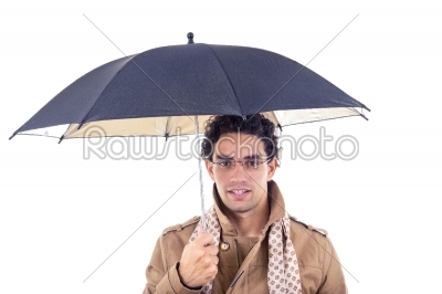 man holding umbrella in jacket with scarf wearing glasses