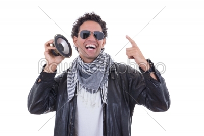 man in a leather jacket with speaker