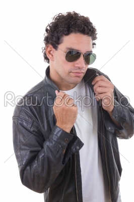man in a leather jacket with sunglasses