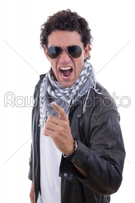 man in a leather jacket with sunglasses yelling