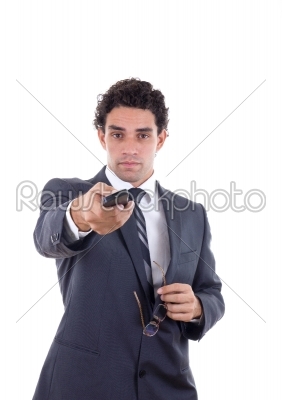Man in suit  changing channel with remote
