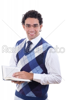 man in sweater holding an open book