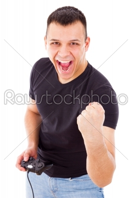 man showing success playing video game with joystick