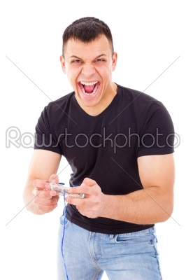 man winning video game playing with joystick
