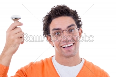 man with idea holding light bulb wearing glasses