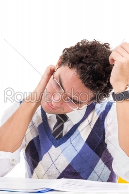 Man with neck pain in pullover reading book