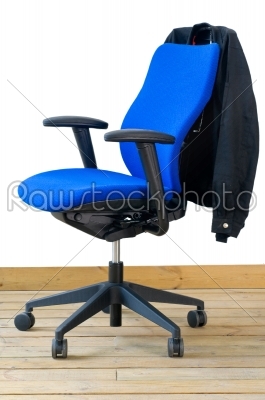 modern blue office chair with jacket on back