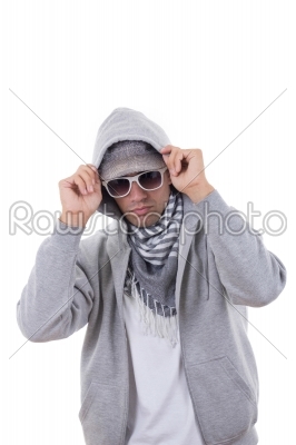 modern gangster in sweatshirt with hood and sunglasses