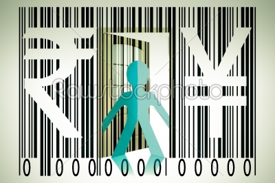 Paperman coming out of a bar code with Rupee and Yen Signs