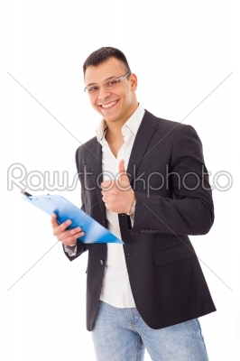 positive businessman with notes and pen
