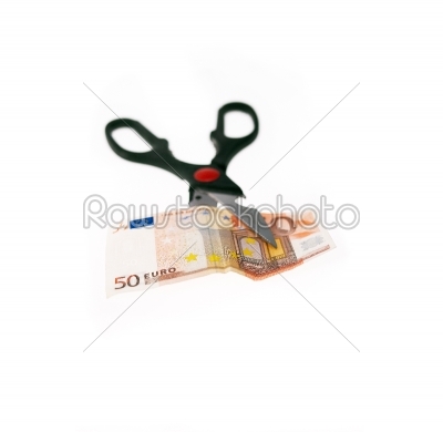 scissors cutting euro bill  isolated on white