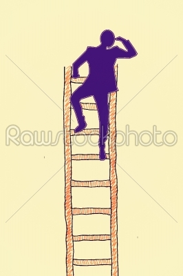 Search concept, man climbing to the top of a ladder and searchin