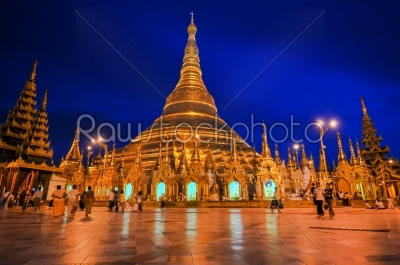 Shwedagon Pagoda Temple shining in the beautiful sunset in Yango