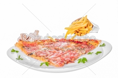 slice of pizza with mushrooms ham cheese and french fries