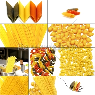 various type of Italian pasta collage