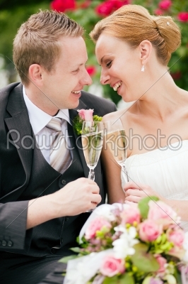 Wedding couple clinking champagne glasses