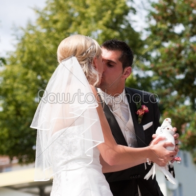 Wedding couple with dove in hand